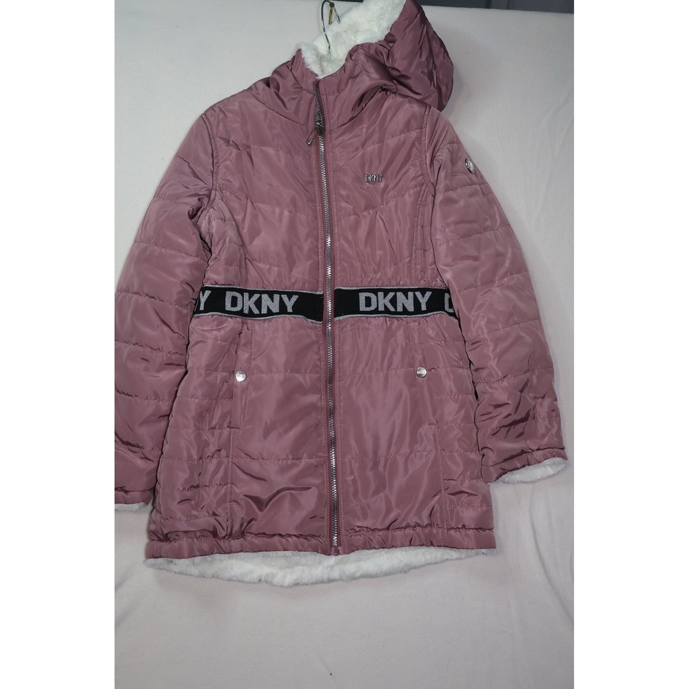 DKNY Girls Puffer Jacket Mauve Pink Faux Fur Lined Hooded Logo Waist Coat S